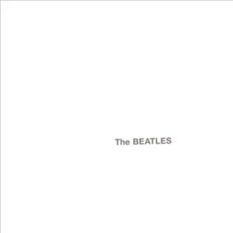 Okładka płyty The Beatles. Na białym tle, bliżej prawej strony wytłoczona nazwa zespołu