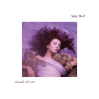 Okładka płyty Kate Bush Hounds of love Na okładce jest autorka płyty, leży z dwoma psami wyżłami wajmarskimi